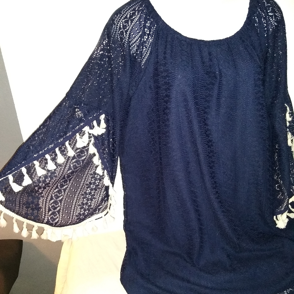 Large Indigo Soul BOHO Navy Blue White Tassel